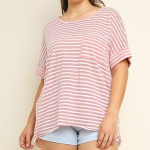 NWT Umgee Blush Basic Stripe Top With Chest Pocket - Plus
